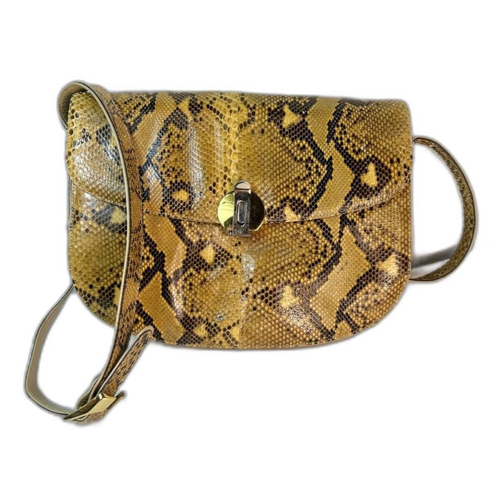 VTG MCM Yellow Black Genuine Python/Snakeskin Turnlock Flap Front Shoulder Bag